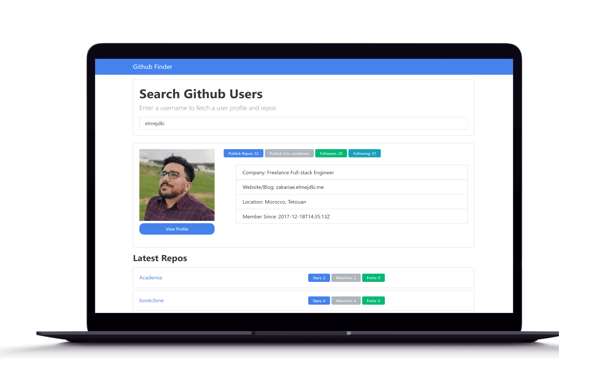GitHub profile finder display image on desktop view